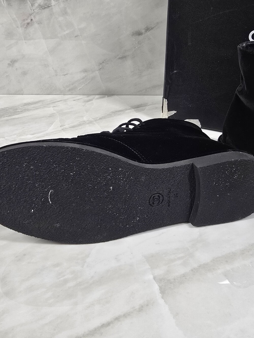 CHANEL Black Velvet Lace-Up Ankle Boots with Logo - Picture 10 of 12